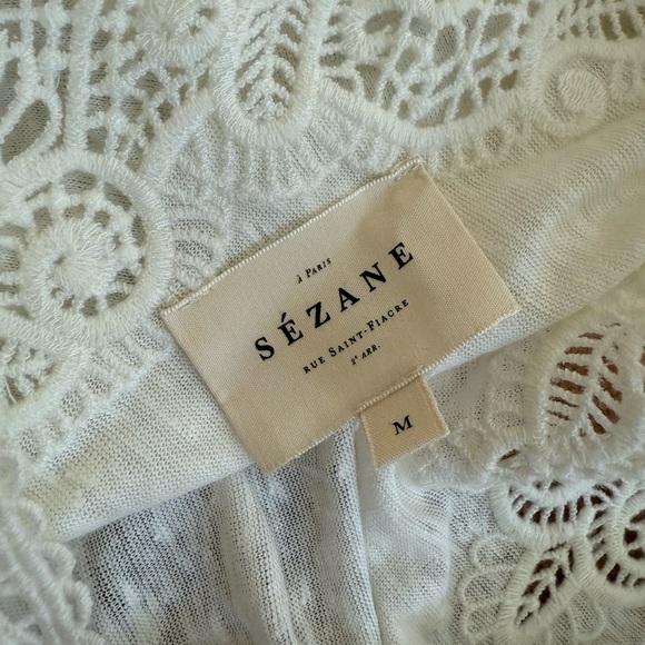 Sézane White Linen Mina Tee Shirt Reversible Lace V Neck or Round Medium - Picture 6 of 7